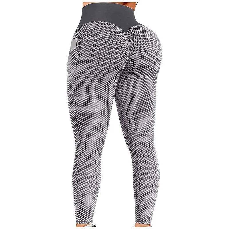 Women's High Waist Yoga Leggings with Hip Pocket and Honeycomb Pattern