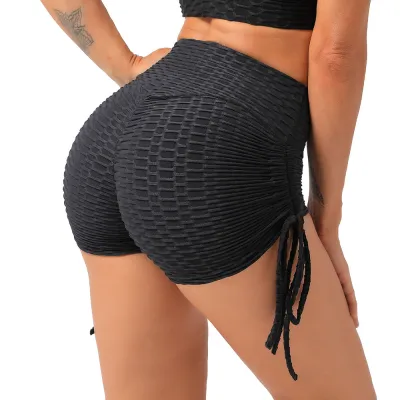 Women's High Waist Hip Lifting Bubble Biker Shorts with Drawstring and Bowknot for Sports