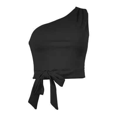 Sexy Women Irregular Oblique Shoulder Knotted Solid Color Crop Top