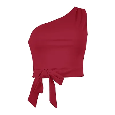 Sexy Women Irregular Oblique Shoulder Knotted Solid Color Crop Top