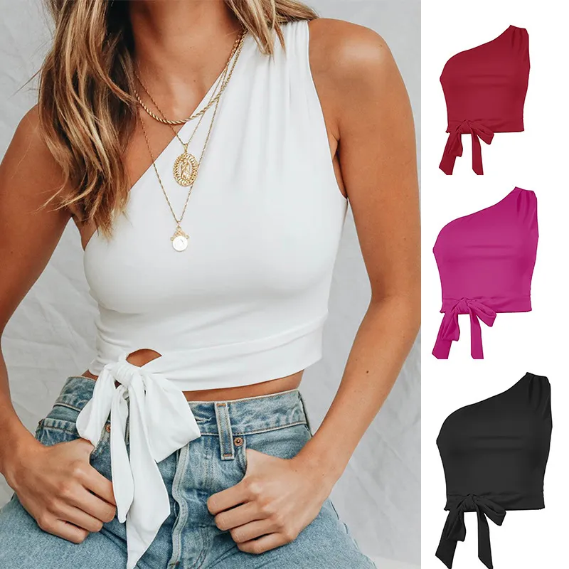 Sexy Women Irregular Oblique Shoulder Knotted Solid Color Crop Top