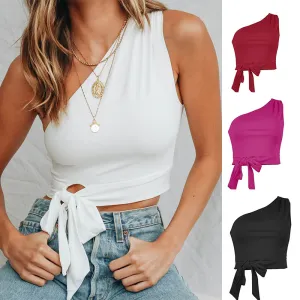 Sexy Women Irregular Oblique Shoulder Knotted Solid Color Crop Top