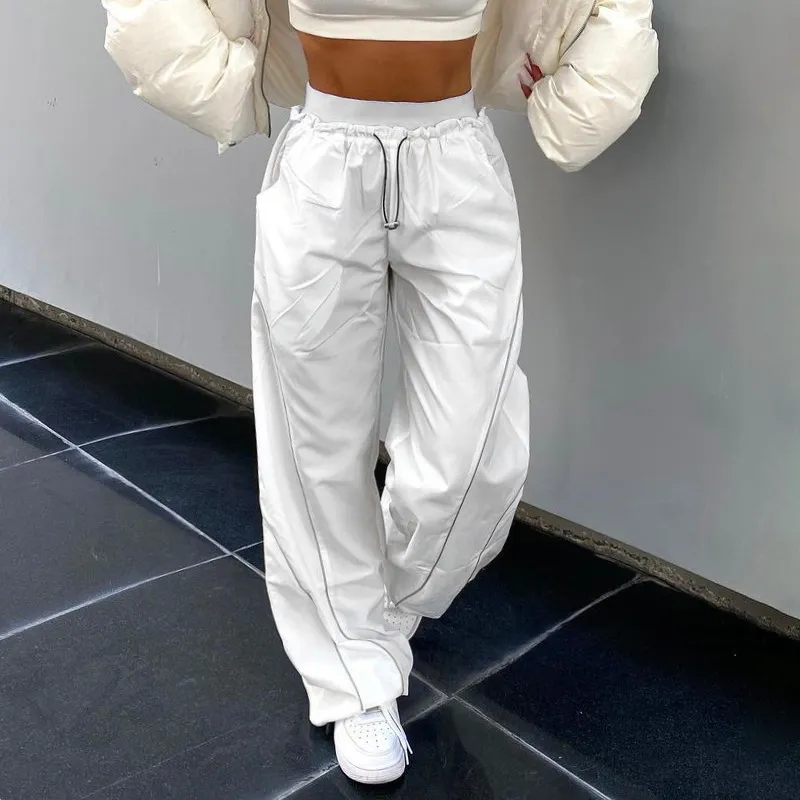 Women Solid Color High Waist Drawstring Loose Casual Wide Leg Pants