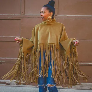 Women Autumn Winter Solid Suede Tassel Shawl Cape Coat