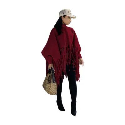 Women Autumn Winter Solid Suede Tassel Shawl Cape Coat