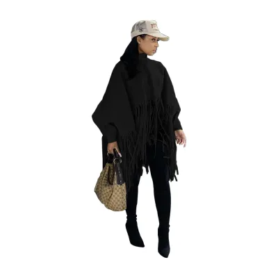 Women Autumn Winter Solid Suede Tassel Shawl Cape Coat