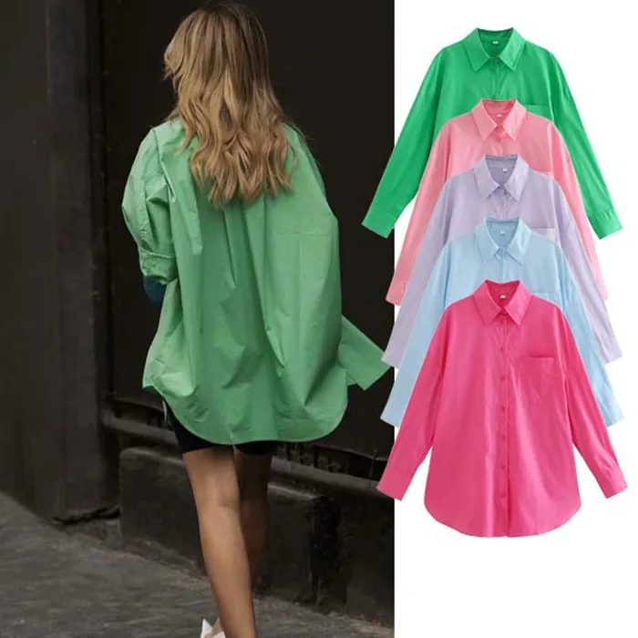 Women Fashionable Cotton Pocket Decorated Candy Color Loose Mid Length Blouse