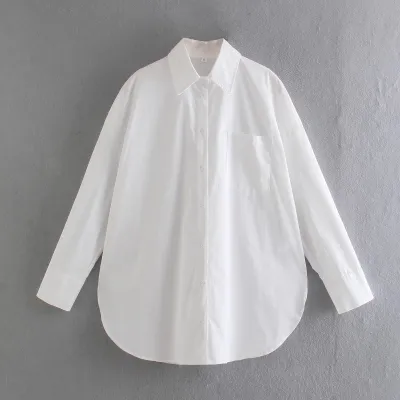 Women Fashionable Cotton Pocket Decorated Candy Color Loose Mid Length Blouse