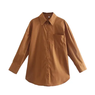 Women Fashionable Cotton Pocket Decorated Candy Color Loose Mid Length Blouse