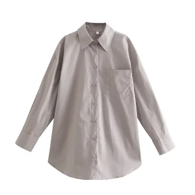 Women Fashionable Cotton Pocket Decorated Candy Color Loose Mid Length Blouse