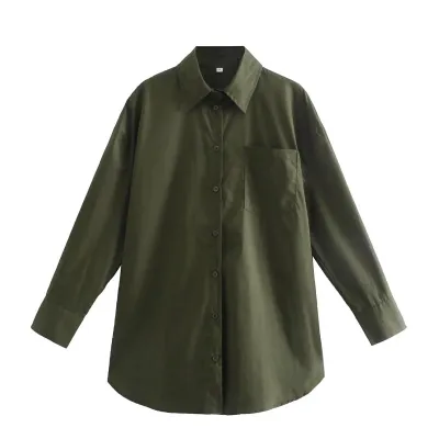 Women Fashionable Cotton Pocket Decorated Candy Color Loose Mid Length Blouse