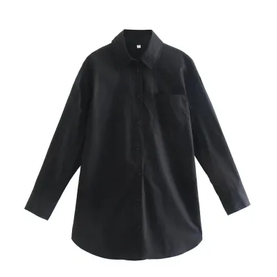 Women Fashionable Cotton Pocket Decorated Candy Color Loose Mid Length Blouse