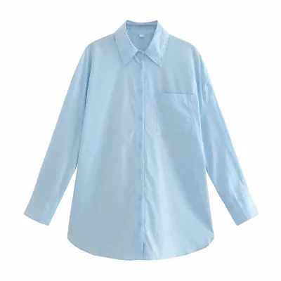 Women Fashionable Cotton Pocket Decorated Candy Color Loose Mid Length Blouse
