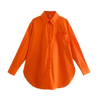Women Fashionable Cotton Pocket Decorated Candy Color Loose Mid Length Blouse