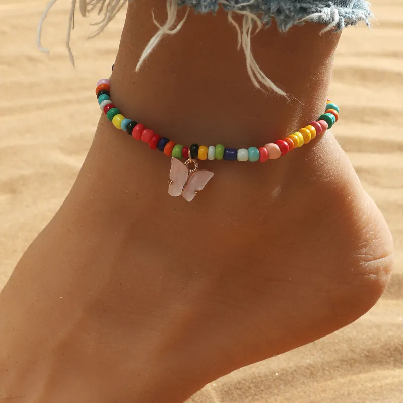 Women Casual Multicolor Beaded Butterfly Pendant Anklet