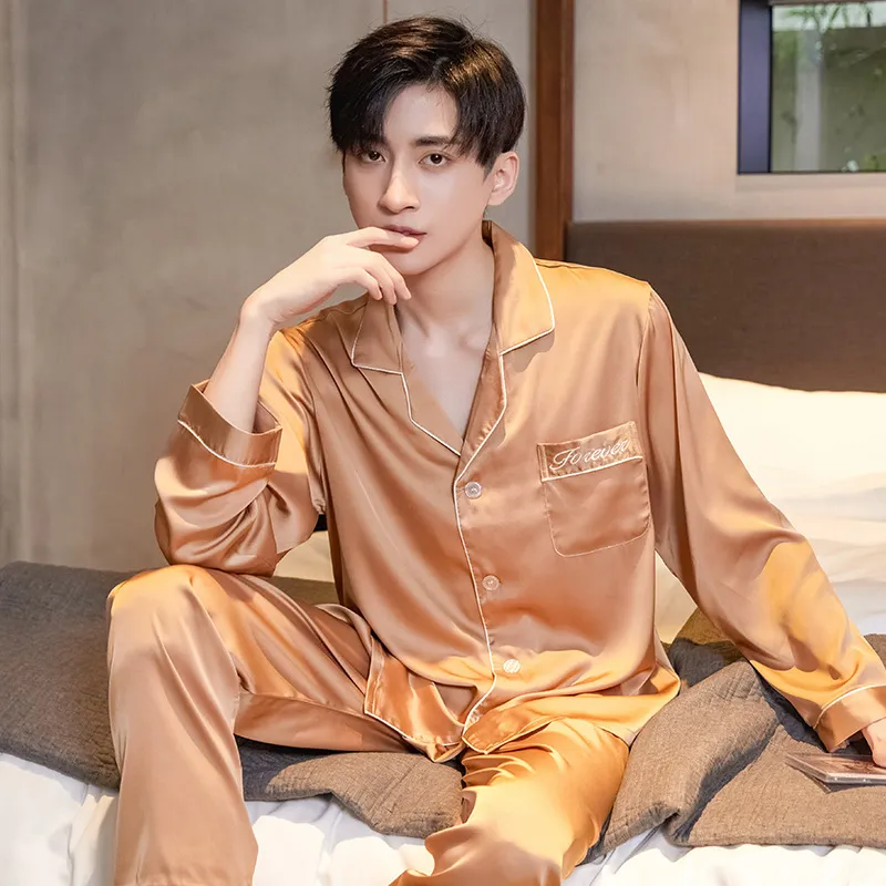 Men's Ice Silk Satin Chiffon Pajamas Two-Piece Set V Neck Long Sleeve