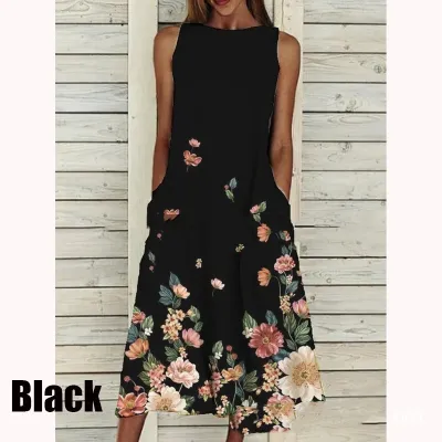 Plus Size Women Sweet Floral Print Sleeveless Loose Casual Dress