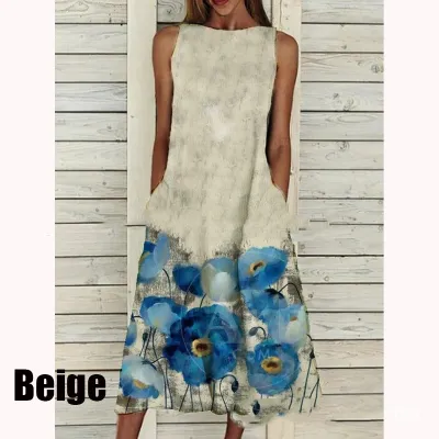 Plus Size Women Sweet Floral Print Sleeveless Loose Casual Dress