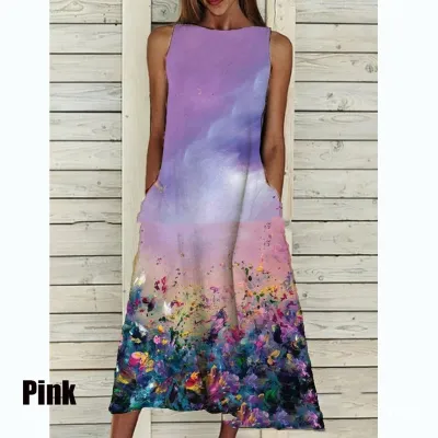Plus Size Women Sweet Floral Print Sleeveless Loose Casual Dress