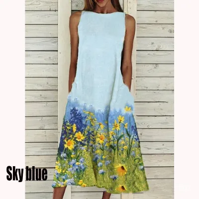 Plus Size Women Sweet Floral Print Sleeveless Loose Casual Dress