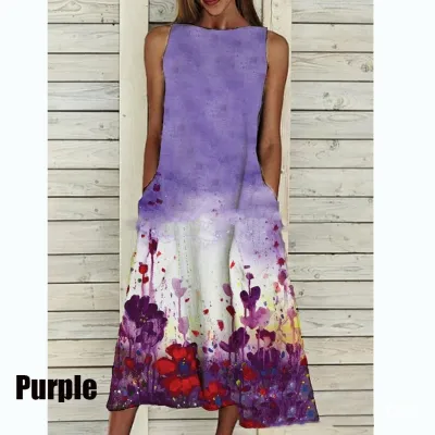 Plus Size Women Sweet Floral Print Sleeveless Loose Casual Dress