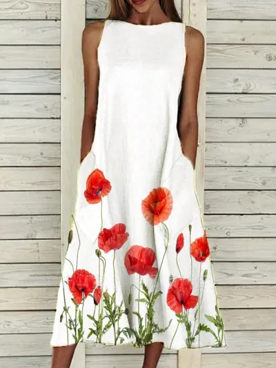 Plus Size Women Sweet Floral Print Sleeveless Loose Casual Dress