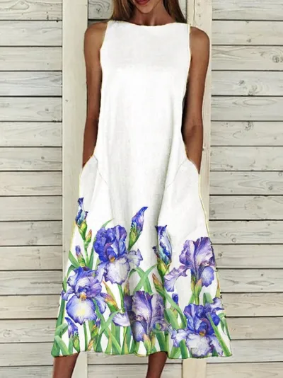 Plus Size Women Sweet Floral Print Sleeveless Loose Casual Dress