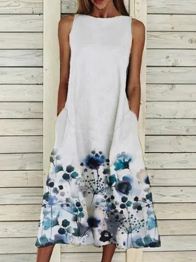 Plus Size Women Sweet Floral Print Sleeveless Loose Casual Dress