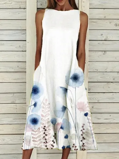 Plus Size Women Sweet Floral Print Sleeveless Loose Casual Dress