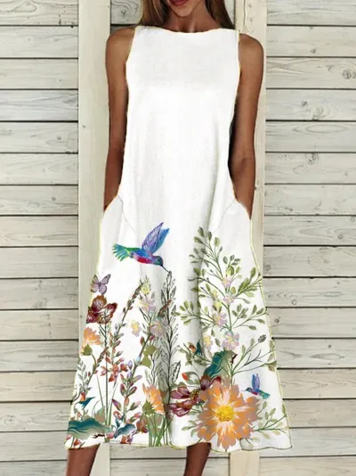 Plus Size Women Sweet Floral Print Sleeveless Loose Casual Dress