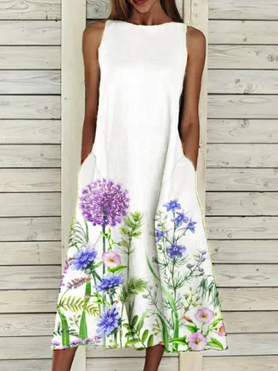 Plus Size Women Sweet Floral Print Sleeveless Loose Casual Dress