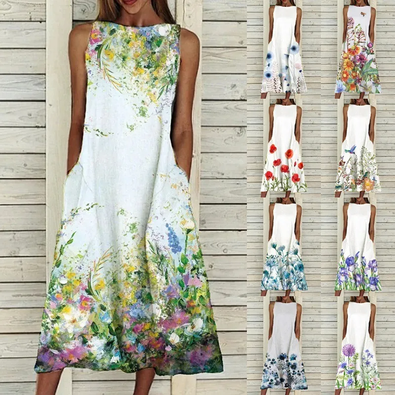 Plus Size Women Sweet Floral Print Sleeveless Loose Casual Dress