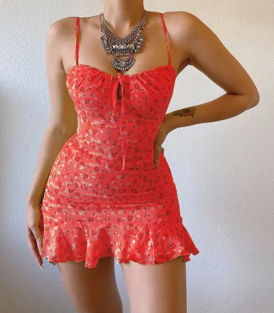 Women Sweet Sexy Floral Print Spaghetti Strap Ruffled Midi Dress
