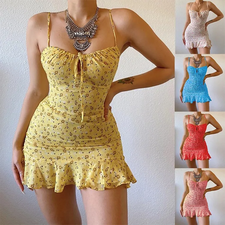 Women Sweet Sexy Floral Print Spaghetti Strap Ruffled Midi Dress