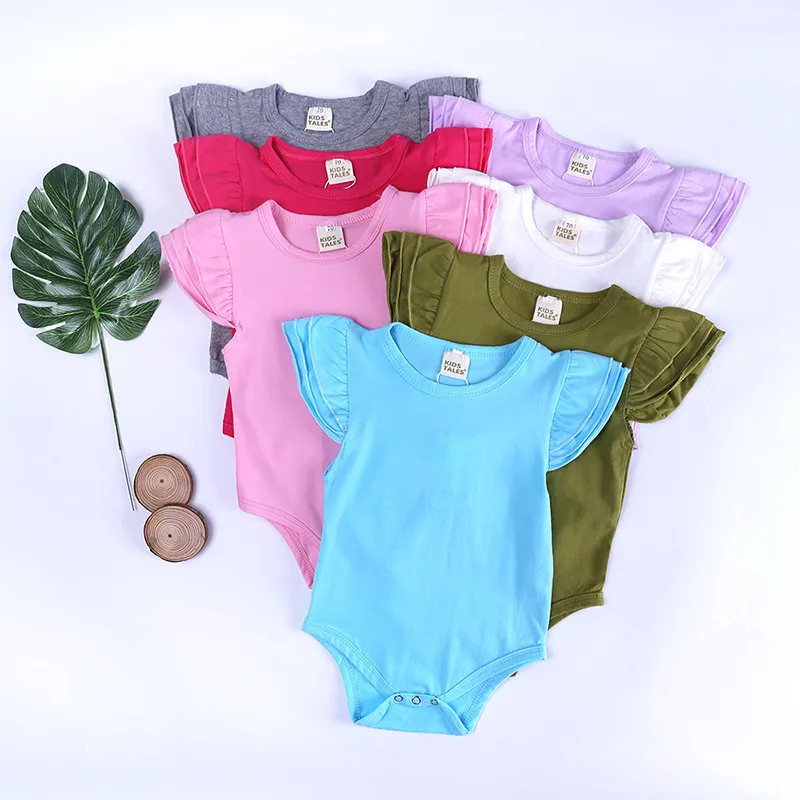 Toddlers Newborn Baby Girls Ruffle Sleeve Solid Color Cotton Bodysuit Short Sleeve Hidden Button Unisex