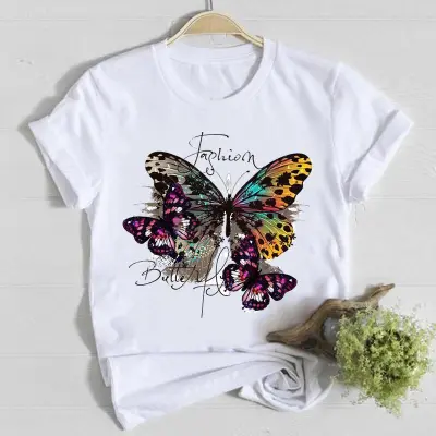 Fashion Women'S Short Sleeve Butterfly Dandelion Floral Print Round Neck T-Shirt