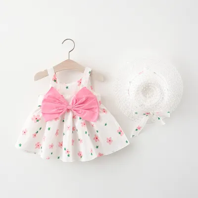 Toddlers Newborn Baby Girls Print Bowknot Sling Dress And Hat 2pcs Set