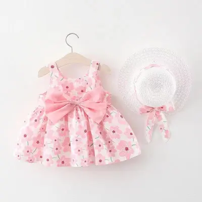 Toddlers Newborn Baby Girls Print Bowknot Sling Dress And Hat 2pcs Set