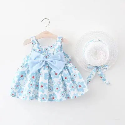 Toddlers Newborn Baby Girls Print Bowknot Sling Dress And Hat 2pcs Set