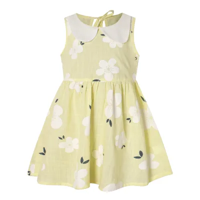 Toddlers Baby Girls Sleeveless Printed Princess Cute Collar Cotton Linen Dress