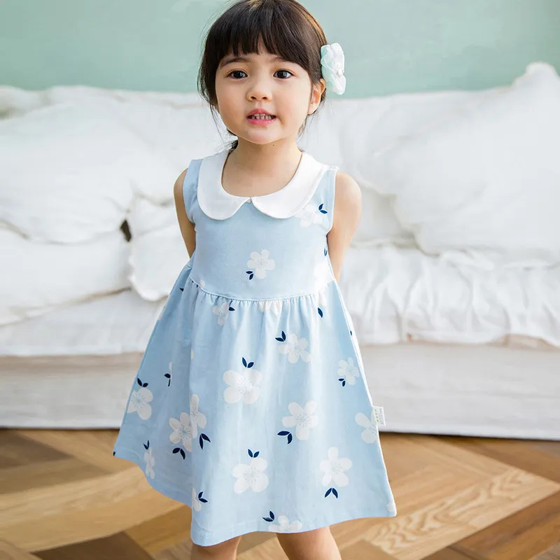 Toddlers Baby Girls Sleeveless Printed Princess Cute Collar Cotton Linen Dress