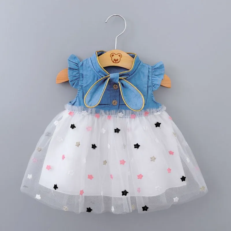 Toddlers Baby Girls Fashion Denim Patchwork Star Princess Ruffle Sleeveless Dress