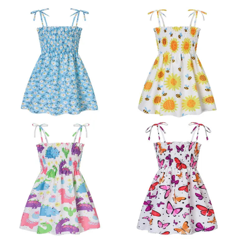 Girls Sleeveless Flower Print Suspenders Princess Dress for Toddlers