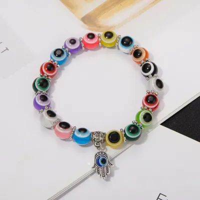 Women And Men Simple Palm Cutout Blue Eyes Beaded Pendant Elastic Couple Bracelet