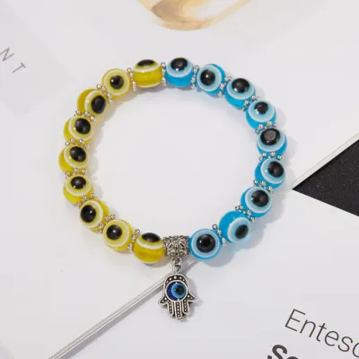 Women And Men Simple Palm Cutout Blue Eyes Beaded Pendant Elastic Couple Bracelet