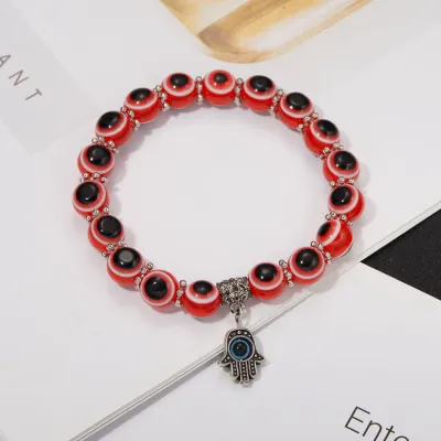 Women And Men Simple Palm Cutout Blue Eyes Beaded Pendant Elastic Couple Bracelet