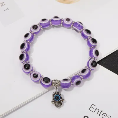 Women And Men Simple Palm Cutout Blue Eyes Beaded Pendant Elastic Couple Bracelet