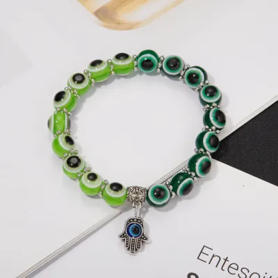 Women And Men Simple Palm Cutout Blue Eyes Beaded Pendant Elastic Couple Bracelet