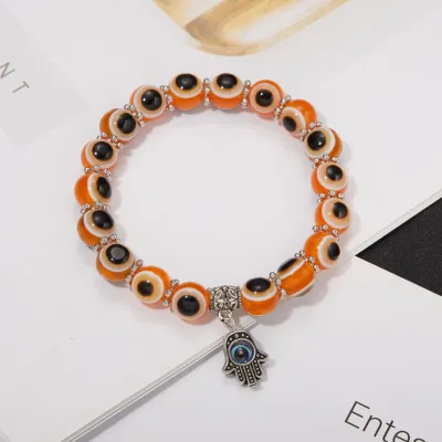 Women And Men Simple Palm Cutout Blue Eyes Beaded Pendant Elastic Couple Bracelet