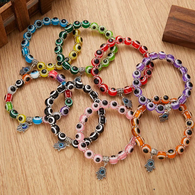 Women And Men Simple Palm Cutout Blue Eyes Beaded Pendant Elastic Couple Bracelet